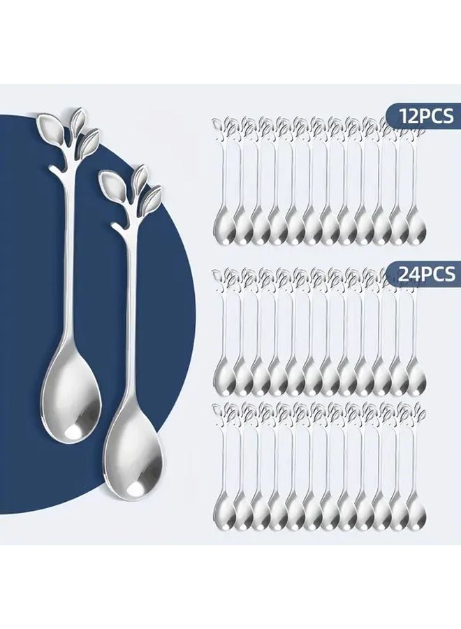 12 Pieces Silver Leaf Stainless Steel Mini Coffee Spoon Set Durable Rust Proof Easy Clean - Image 1